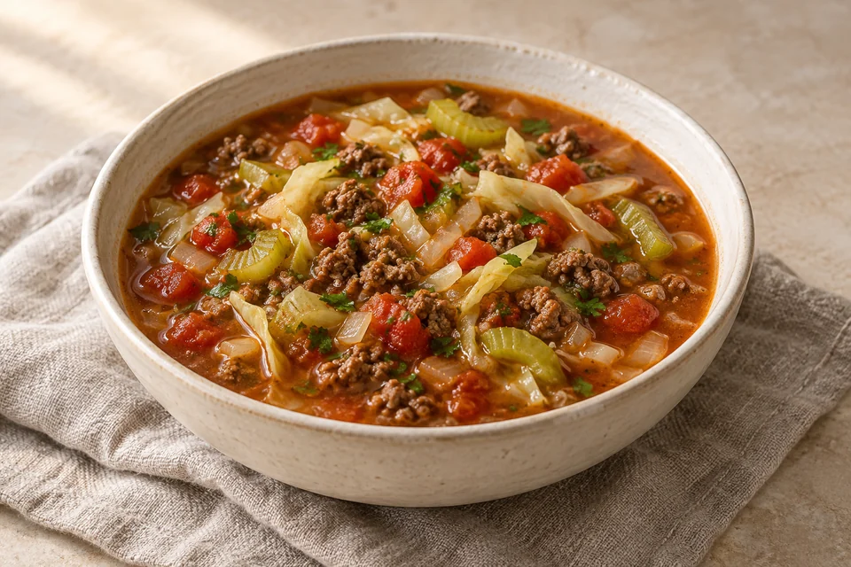AI-generated serving suggestion for Beef, Cabbage & Tomato Soup. A hearty spoonable dinner with ground beef, cabbage, celery and tomatoes. Paprika and oregano give the broth warmth without a premade stock.