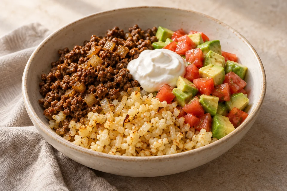 AI-generated serving suggestion for Beef & Cauliflower Taco Bowls. Spiced beef over sautéed cauliflower, with avocado, tomatoes and a cool sour-cream finish.