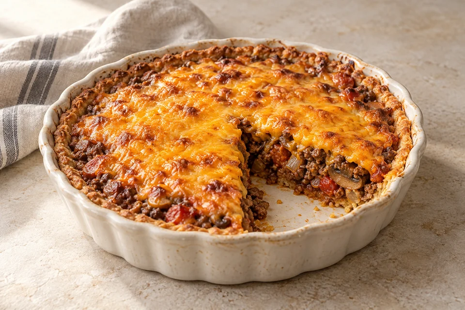 AI-generated serving suggestion for Beef & Cheddar Almond Pie. A single-crust almond pie filled with thick beef and mushroom sauce and a cheddar topping.