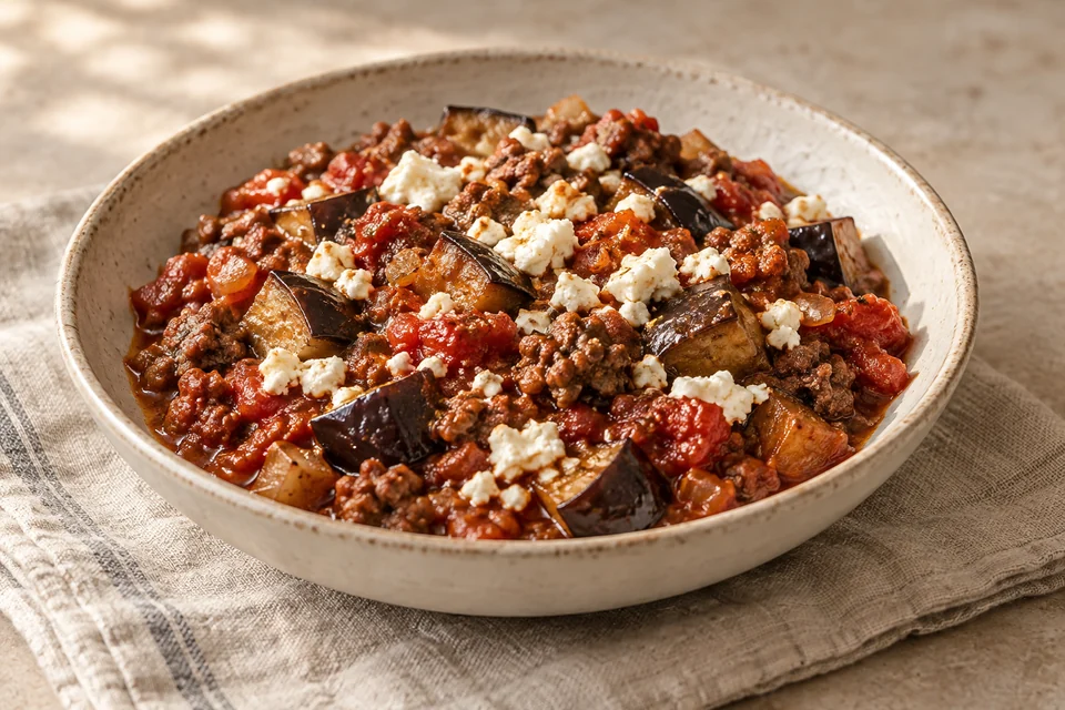 AI-generated serving suggestion for Beef & Eggplant Tomato Skillet. Soft eggplant and ground beef simmer together in a thick tomato sauce, finished with crumbled feta.