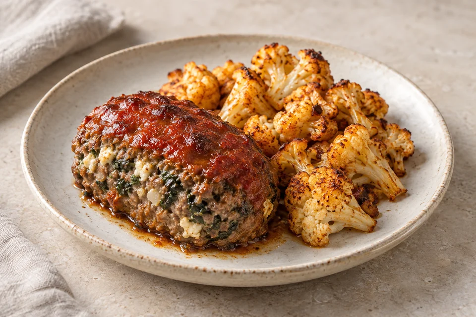 AI-generated serving suggestion for Beef & Feta Mini Meatloaves. Individual beef loaves with spinach and feta, roasted beside paprika-seasoned cauliflower.