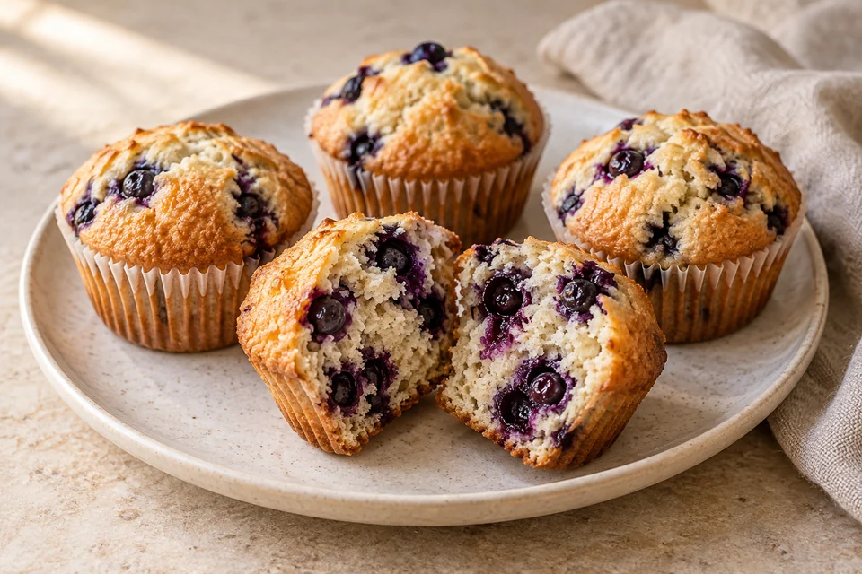 AI-generated serving suggestion for Blueberry Almond Yogurt Muffins. Soft almond muffins with whole blueberries, yogurt and a little vanilla.