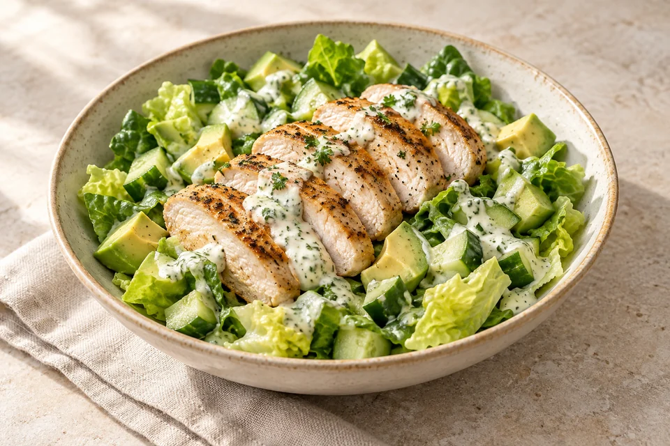 AI-generated serving suggestion for Chicken, Avocado & Cucumber Salad. Juicy pan-cooked chicken over romaine with avocado and a lemon-yogurt dressing.
