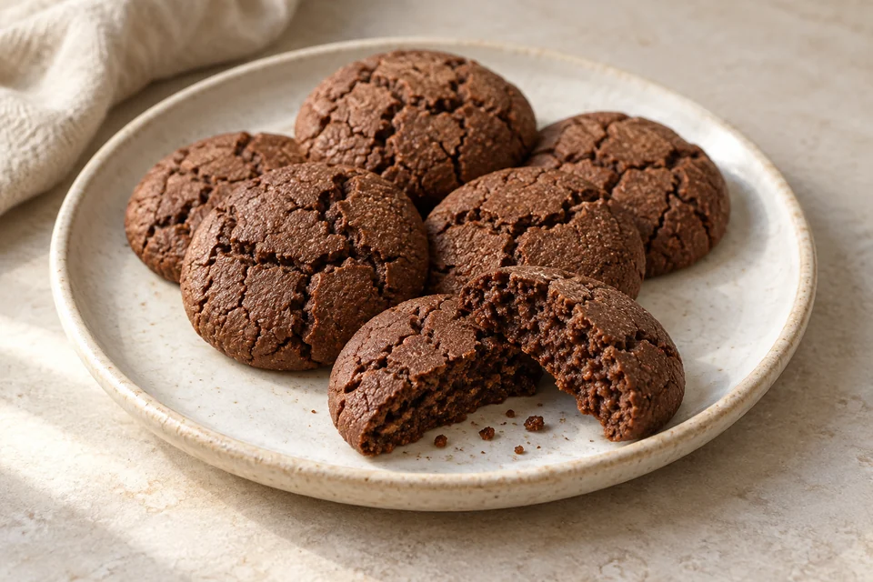 AI-generated serving suggestion for Cocoa Almond Cookies. Small cocoa cookies with naturally cracked tops and a soft almond center.