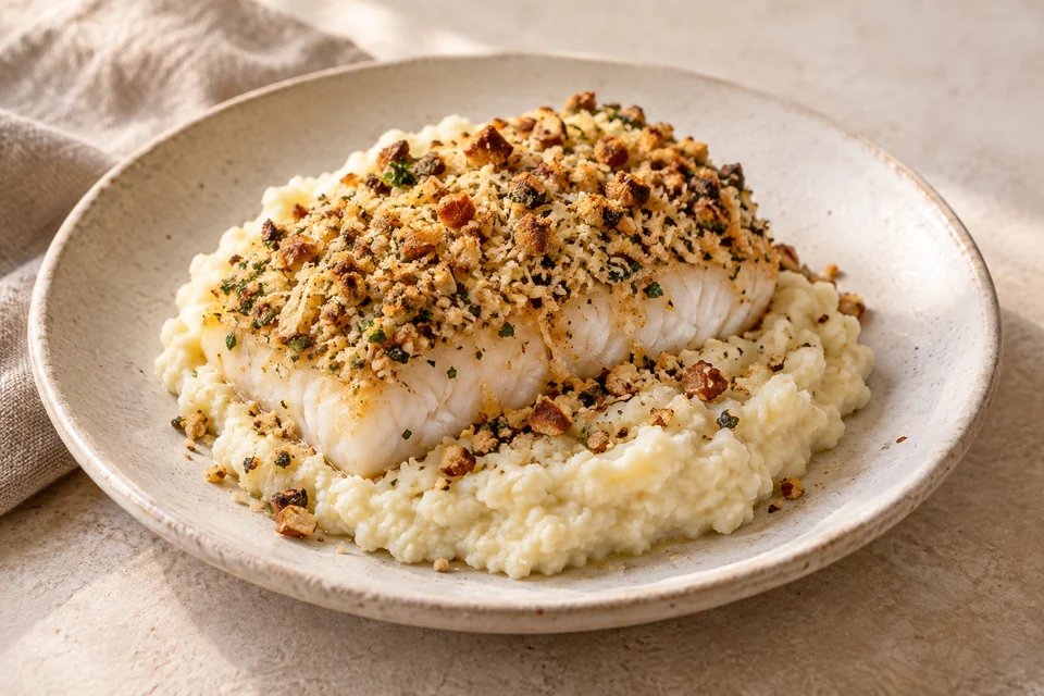 AI-generated serving suggestion for Almond-Crusted Cod & Cauliflower Mash. Oven-baked cod with a crumbly almond and parsley crust, served on cauliflower mash.