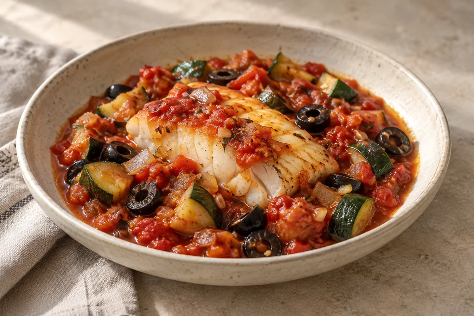 AI-generated serving suggestion for Cod in Tomato & Olive Sauce. Thick pieces of cod gently poached in a garlicky tomato sauce with black olives.