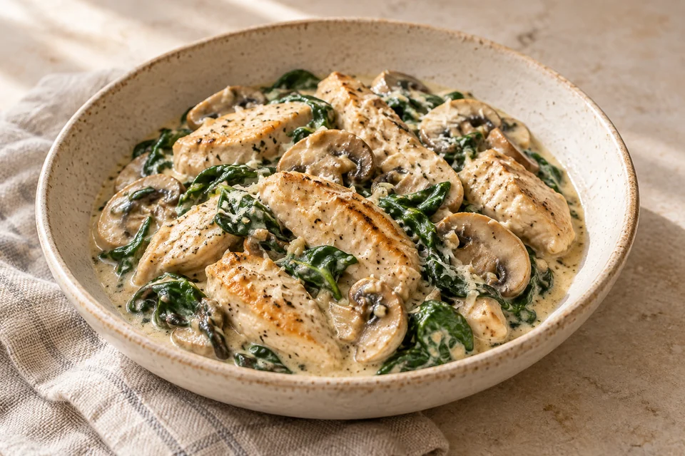 AI-generated serving suggestion for Creamy Chicken & Spinach Skillet. Chicken strips in a garlic cream sauce with mushrooms and fresh spinach.