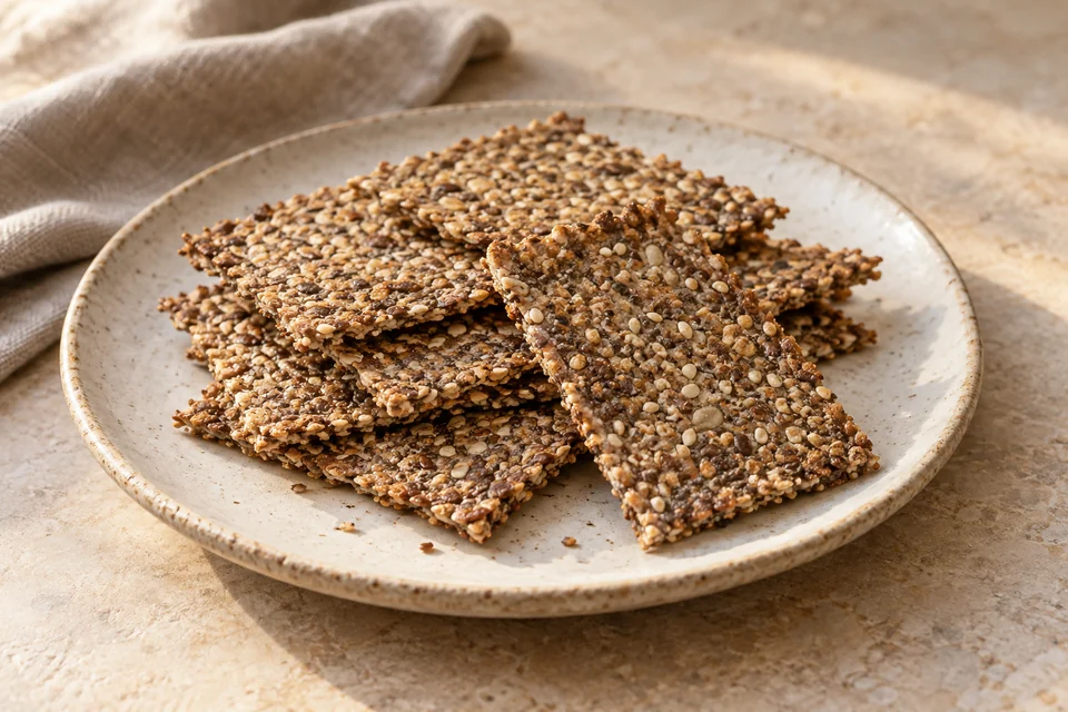AI-generated serving suggestion for Flax & Sesame Crispbread. Thin, crunchy seed crackers baked as a sheet and cut into small crispbread pieces.