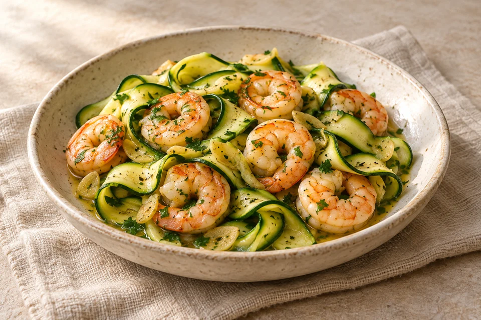 AI-generated serving suggestion for Garlic Shrimp & Zucchini Ribbons. Quick garlic shrimp with zucchini ribbons, lemon and a small knob of butter.