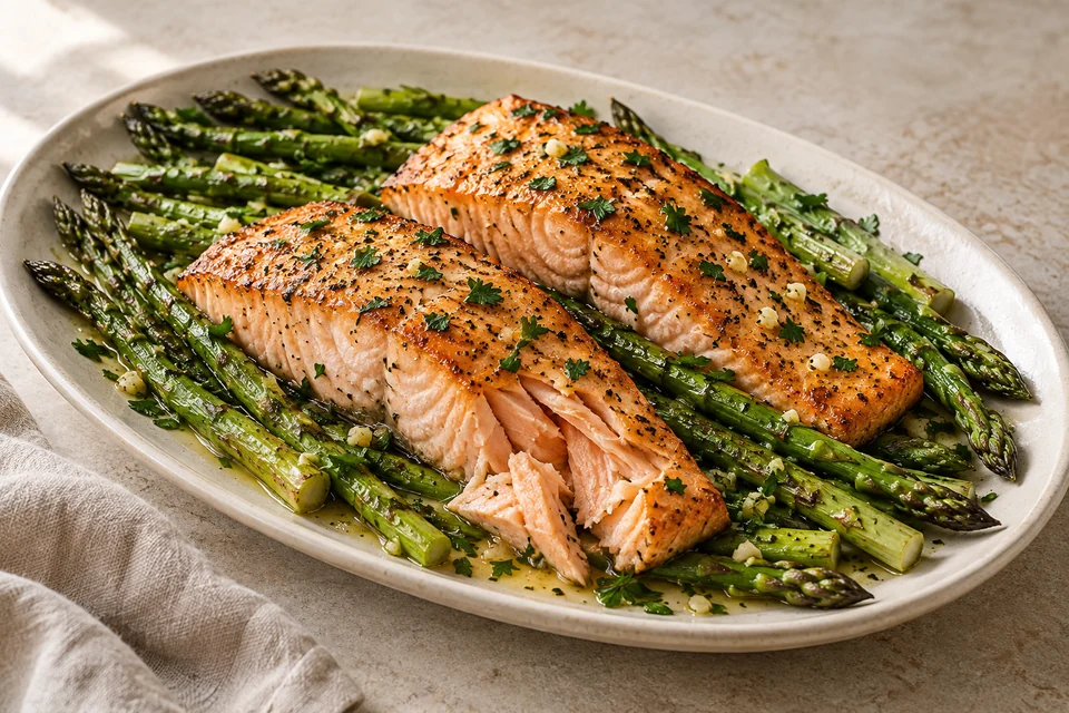 AI illustration of roasted salmon fillets with asparagus, garlic and parsley on an oval platter.