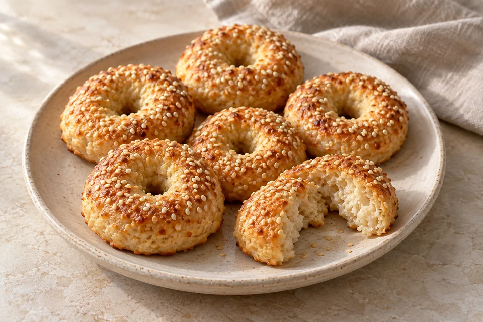 AI-generated serving suggestion for Mozzarella Almond Mini Bagels. Small, chewy cheese-and-almond rings with sesame seeds, shaped and baked without yeast.
