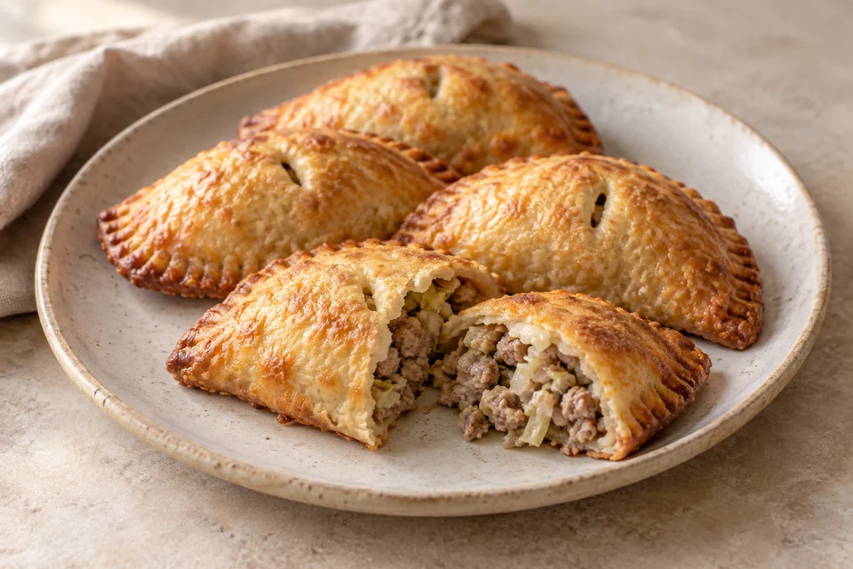 AI-generated serving suggestion for Pork & Cabbage Almond Hand Pies. Small cheese-and-almond pastry pockets filled with browned pork and finely chopped cabbage.