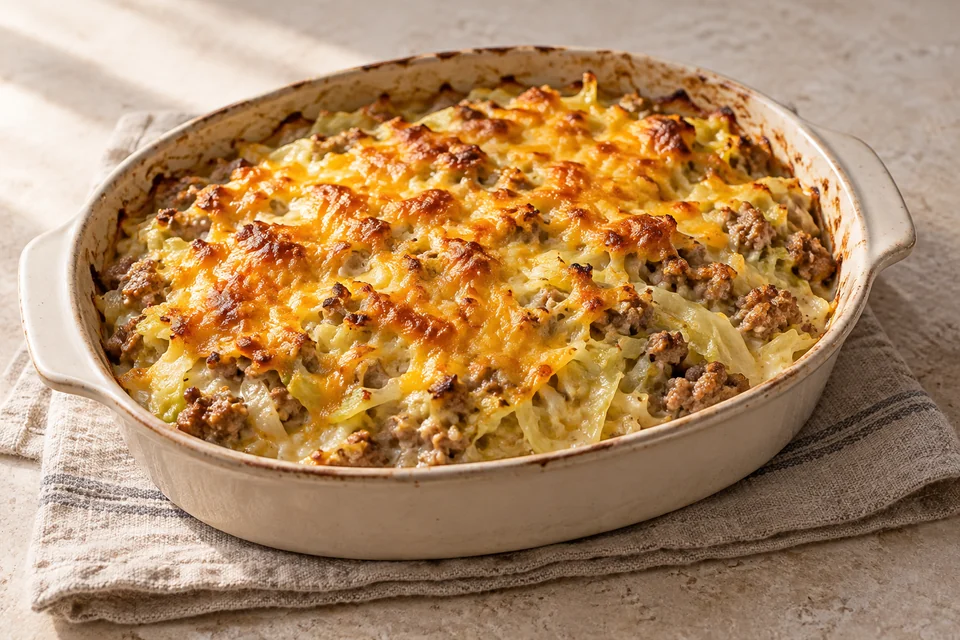 AI-generated serving suggestion for Pork, Cabbage & Cheddar Gratin. A generous cabbage and pork bake bound with cream and topped with mature cheddar.