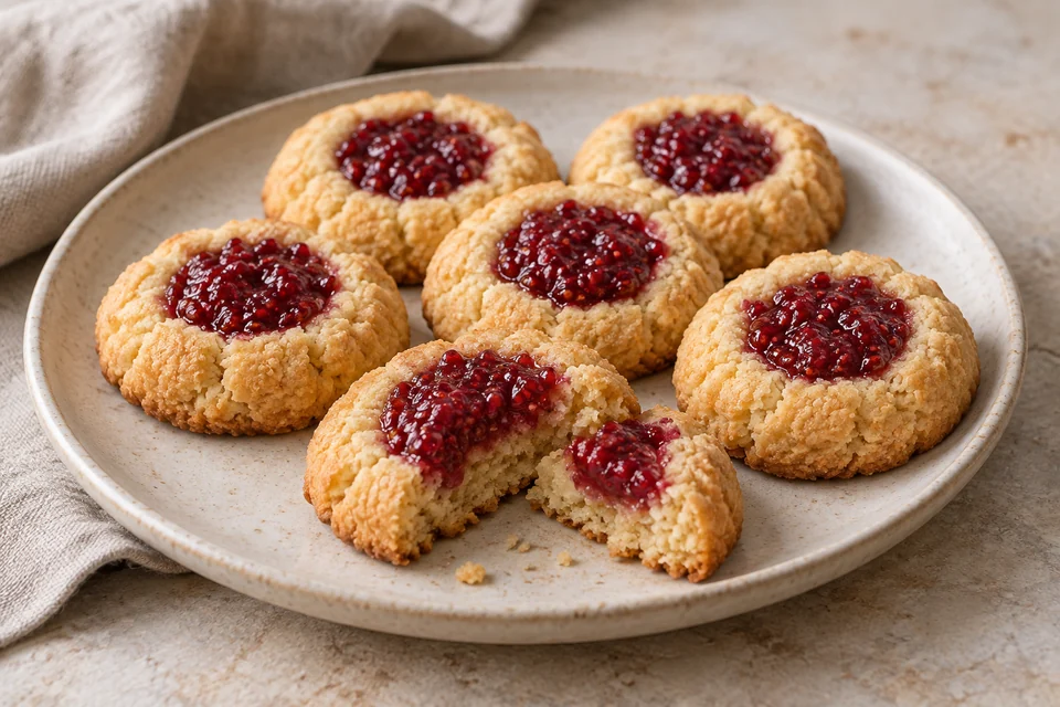AI-generated serving suggestion for Raspberry Almond Thumbprints. Buttery almond cookies with a spoonful of cooked raspberry filling.