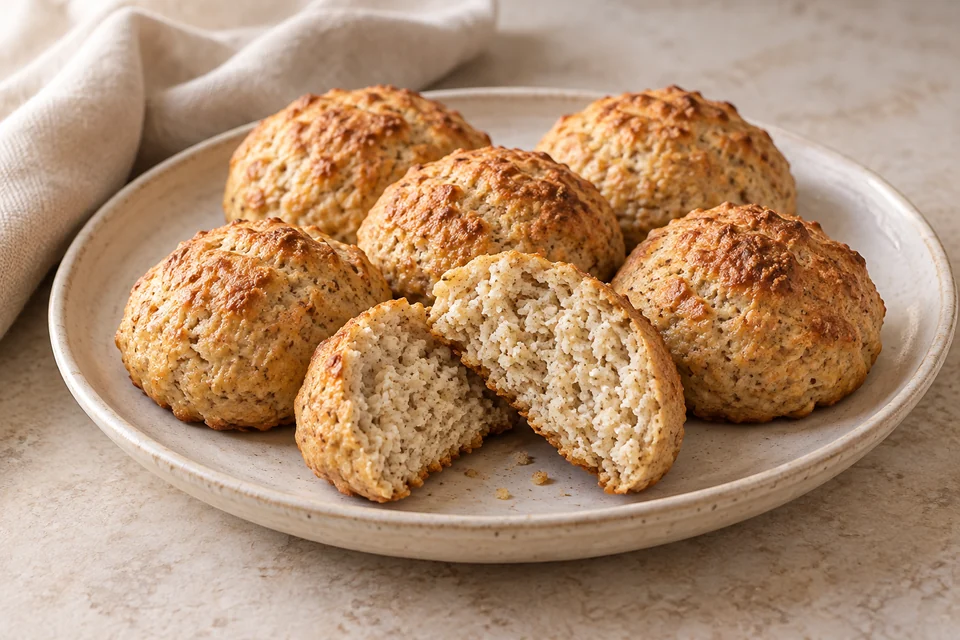 AI-generated serving suggestion for Ricotta Almond Breakfast Rolls. Mild, soft almond rolls with ricotta and a delicate golden crust.
