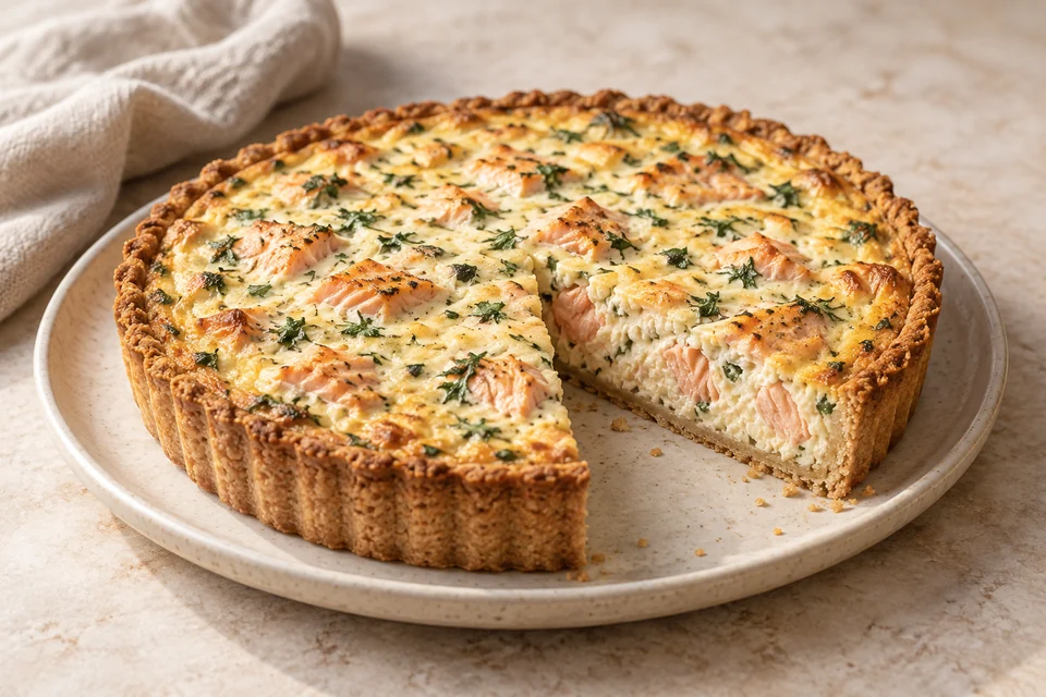 AI-generated serving suggestion for Salmon & Ricotta Almond Tart. A lemon-parsley tart with fresh salmon, ricotta and a thin almond crust.