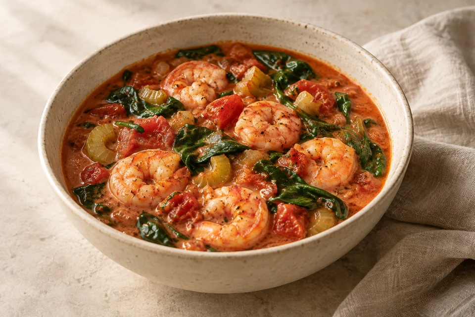 AI-generated serving suggestion for Shrimp, Spinach & Tomato Pot. A quick, spoonable tomato stew with shrimp, spinach and a little cream.
