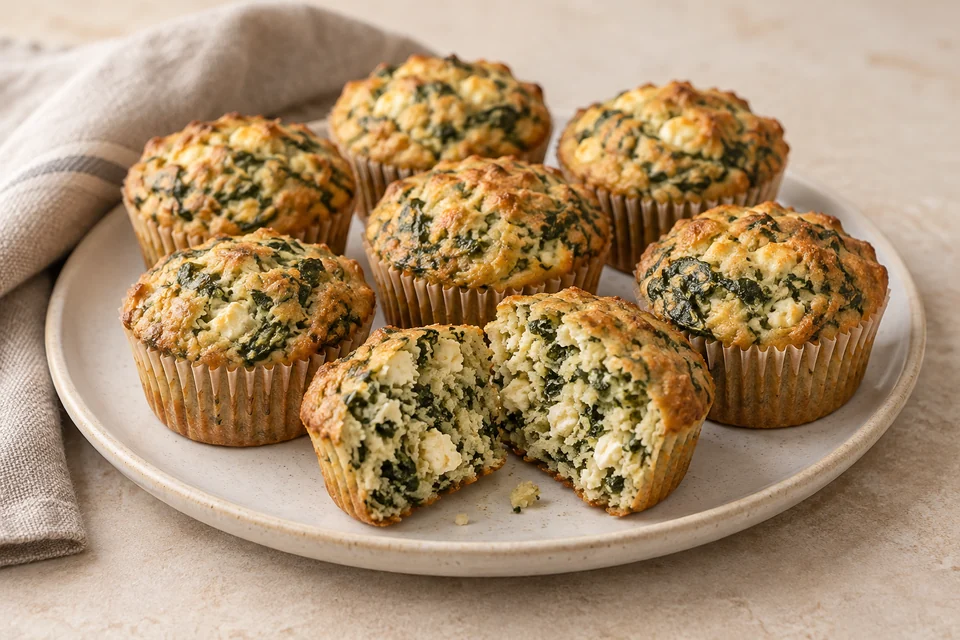 AI-generated serving suggestion for Spinach & Feta Almond Muffins. Savory almond muffins with chopped spinach, feta and a soft yogurt crumb.