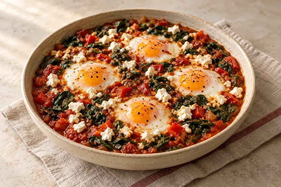 AI-generated serving suggestion for Spinach & Feta Shakshuka. Eggs gently set in a thick tomato and spinach sauce with crumbled feta.