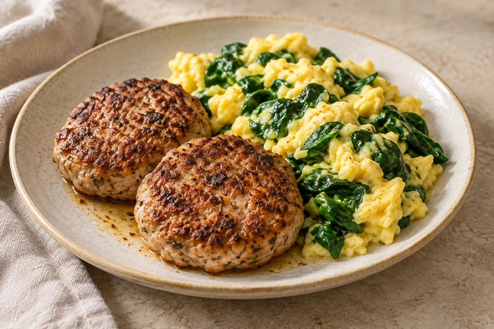 AI-generated serving suggestion for Turkey Breakfast Patties with Spinach Eggs. Homemade thyme-seasoned turkey patties served with fully set scrambled eggs and spinach.