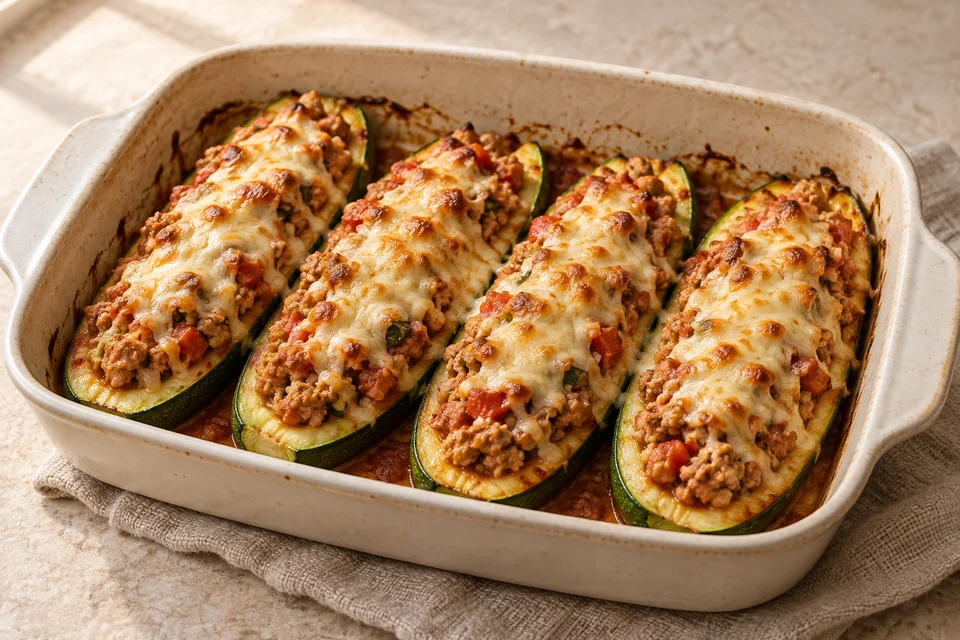 AI-generated serving suggestion for Turkey-Stuffed Zucchini Boats. Roasted zucchini filled with turkey, tomatoes and a golden mozzarella topping.