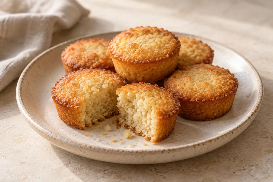 AI-generated serving suggestion for Vanilla Almond Mini Cakes. Small buttery almond cakes with vanilla and a golden edge, baked in muffin cups.