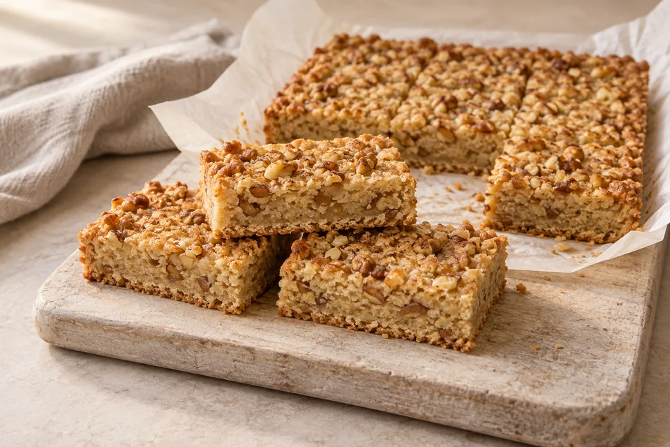 AI-generated serving suggestion for Walnut Almond Shortbread Bars. A pressed almond shortbread base with chopped walnuts, cut into small buttery bars.